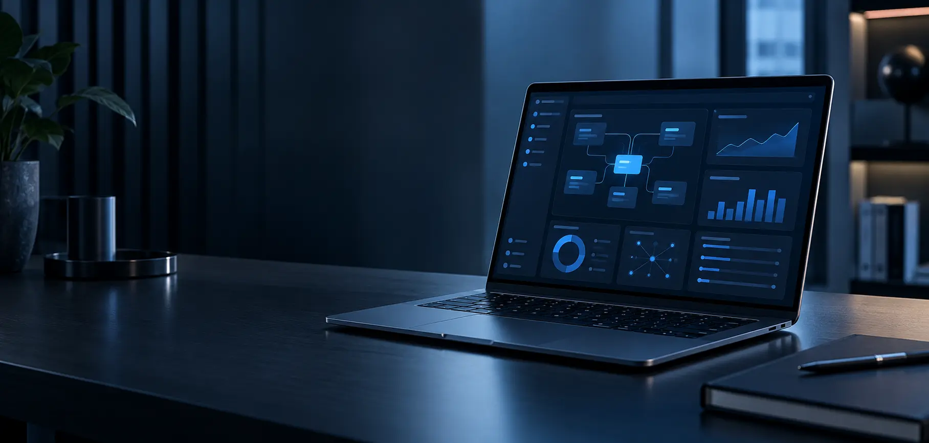 Symbolbild: Laptop mit abstrakter Workflow- und Analyseoberfläche auf einem dunklen Schreibtisch.
