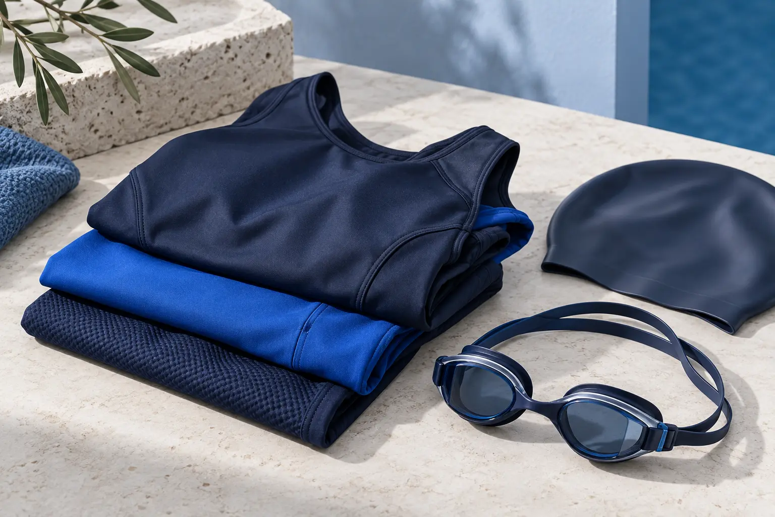 Illustration mit gefalteter Bademode, Schwimmbrille und Badekappe.