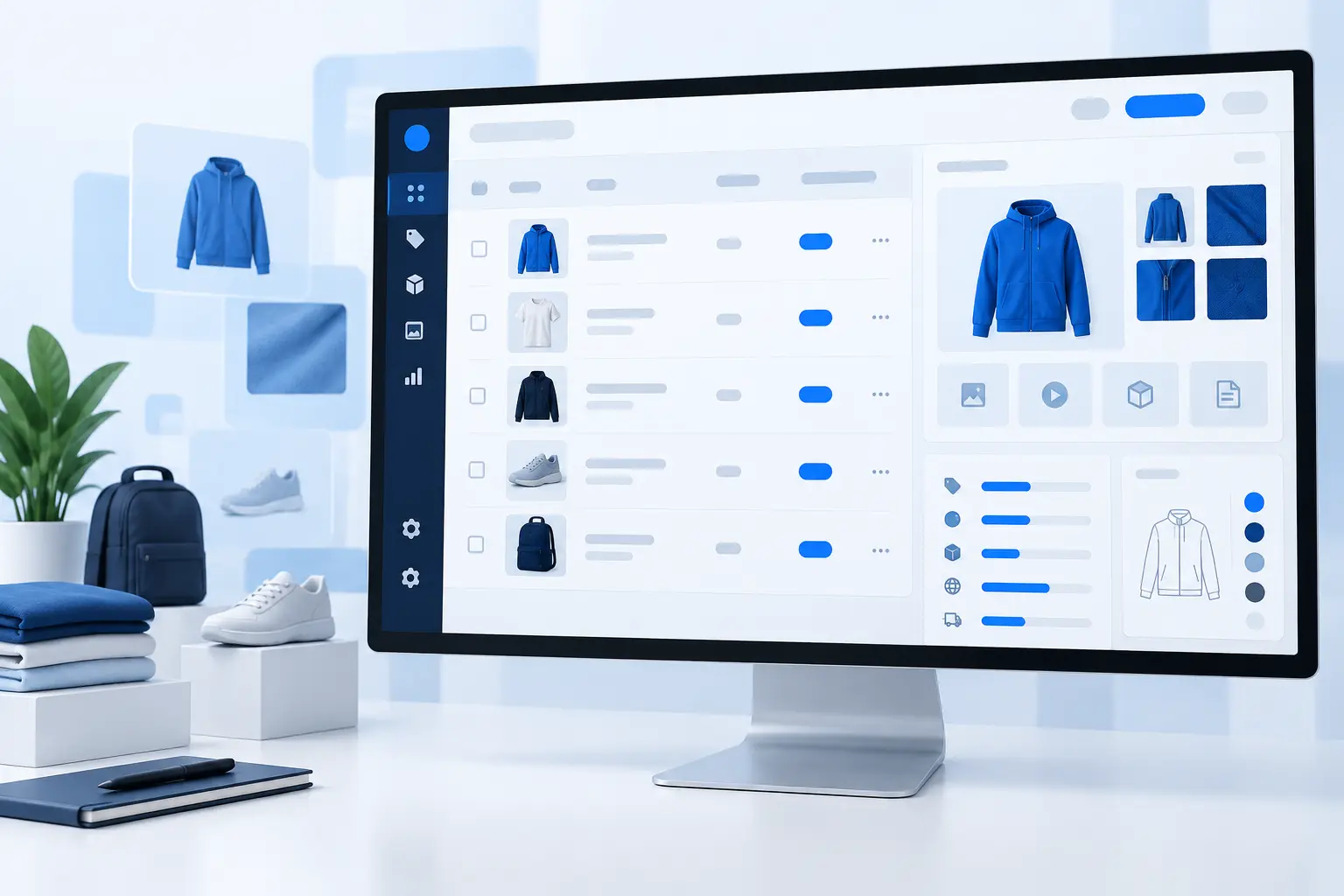 Symbolische Produktdaten-Oberfläche mit Produktkatalog, Medien und strukturierten Merkmalen; keine konkrete Softwareoberfläche.
