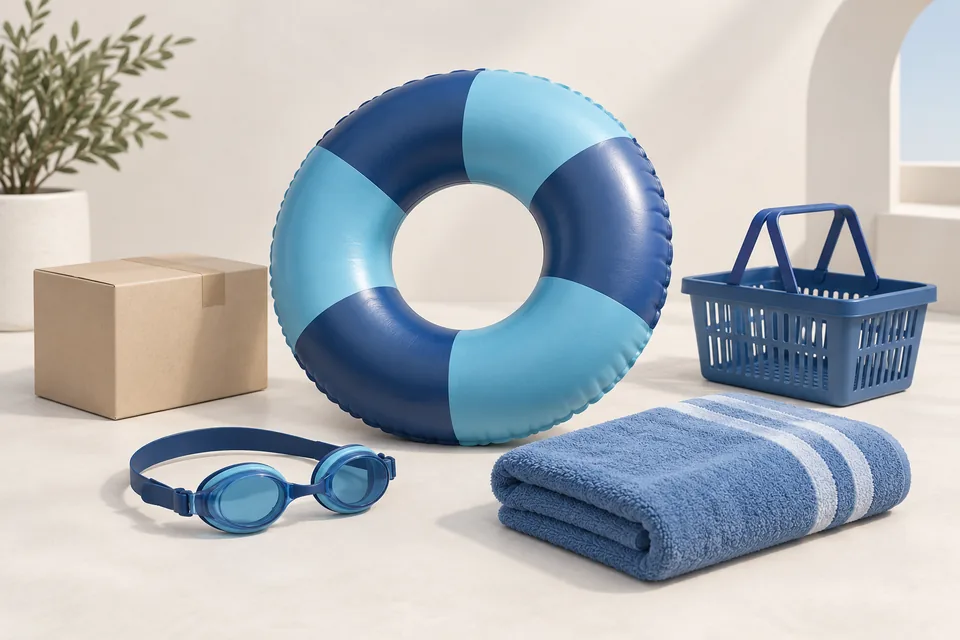 Symbolbild: Poolzubehör, Einkaufskorb und Versandkarton für den eigenen Onlineshop.