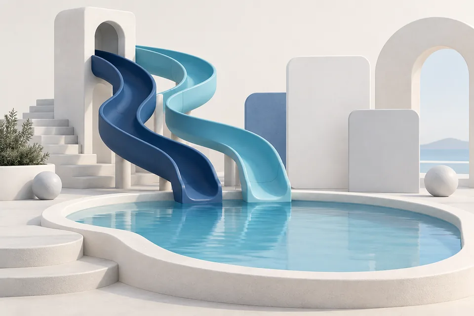 Symbolbild: Wasserrutschen, ein Pool und abstrakte Inhaltskacheln für die Kundenreferenz Rutscherlebnis.de.